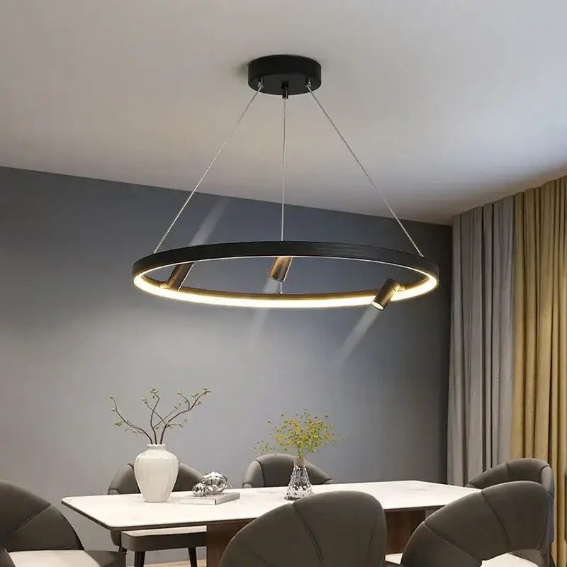 Modern black led ring chandelier pendant light with adjustable spotlights for kitchen use