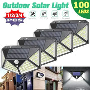 Modern black led solar wall lights with 100 leds, built-in motion sensor, and waterproof design for outdoor use