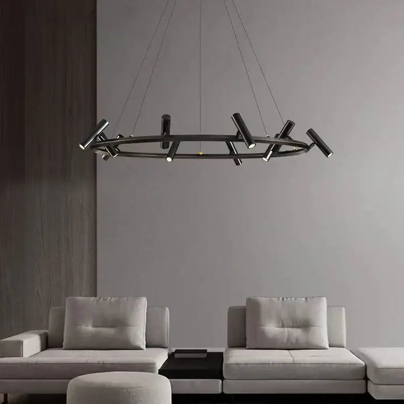 Modern black led spot chandelier with sleek circular design and multiple cylindrical arms for living room decorbites black led