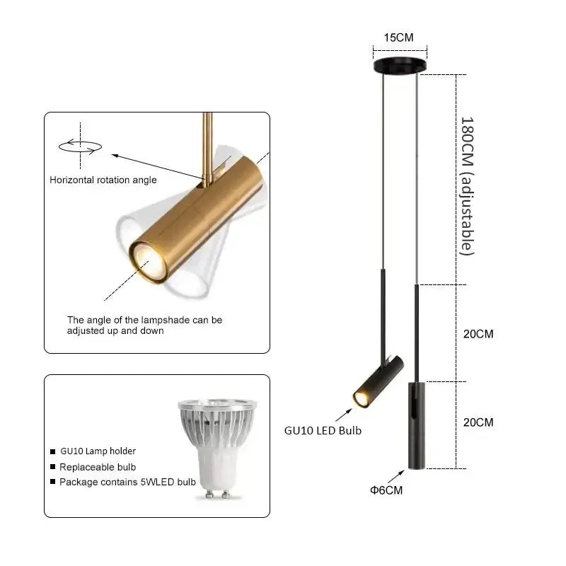 Modern black led spotlight chandelier with adjustable horizontal rotation and gold-finished lamp housing for living rooms