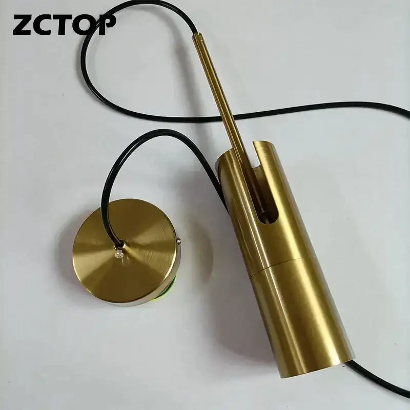 Gold-finished cylindrical pendant led spotlight chandelier with sleek modern design and black cord for living room