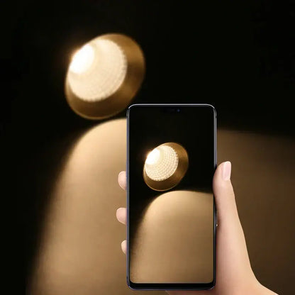 A sleek black smartphone displays a golden textured bulb for the modern black led track spotlight kitchen ceiling lamp