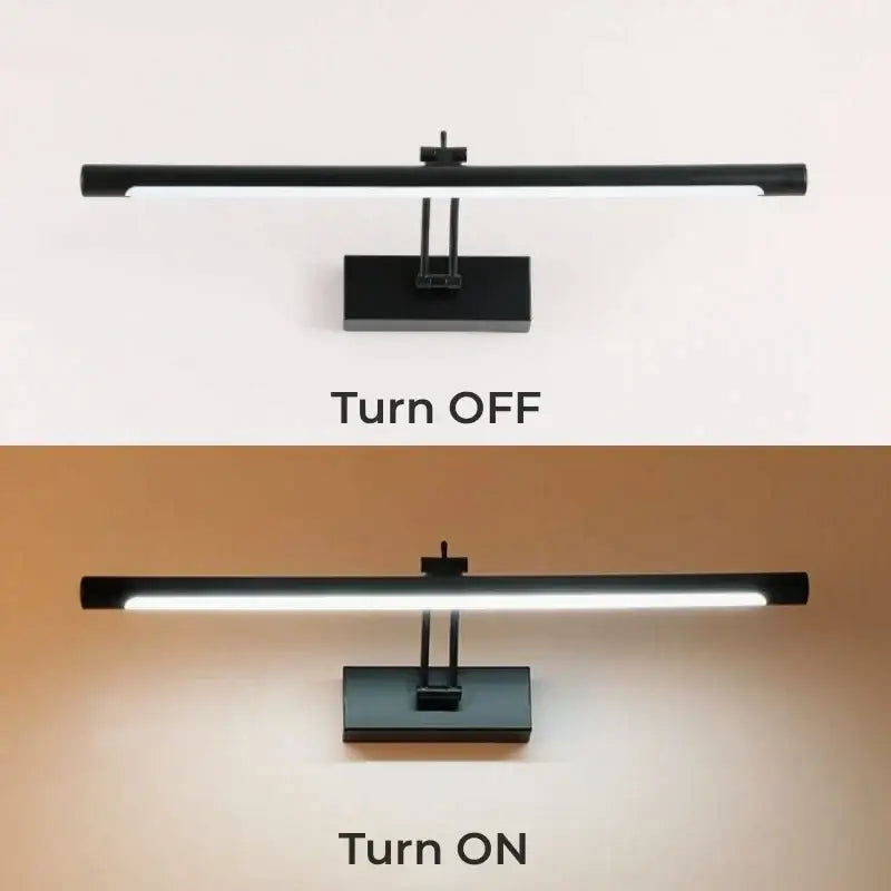 Modern black led vanity wall lamp with adjustable arm and brightness featuring a minimalist rectangular wall lamp design
