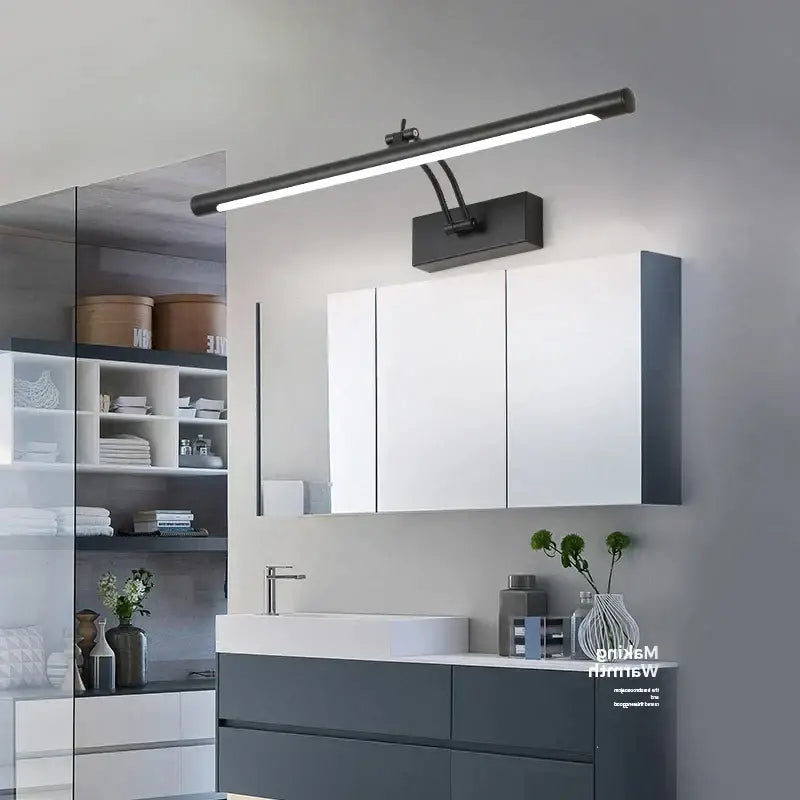 Modern black matte led vanity wall lamp with sleek rectangular design and adjustable arms for bathroom use