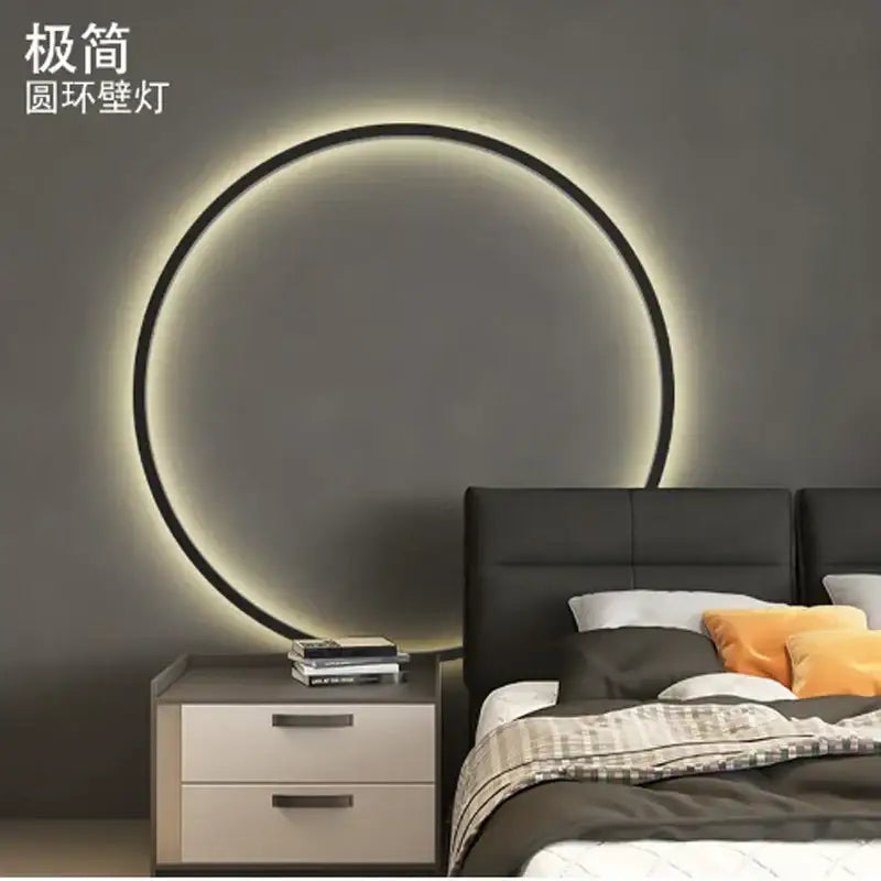 Minimalist modern black led wall circle light with a sleek frame and soft glowing ring for living room use
