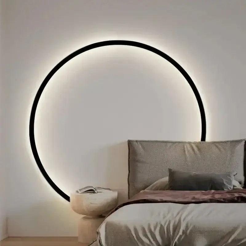 Modern black led wall circle light fixture with glowing illuminated ring ideal for living room wall circle lights