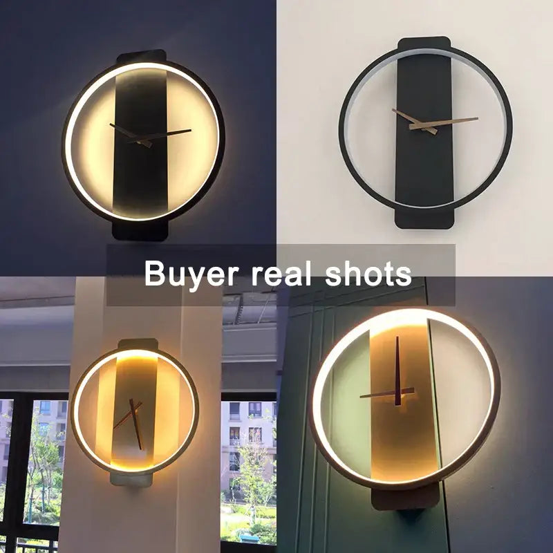 Modern black led wall clock lamp with circular frame black panel and warm led backlighting for minimalist living room