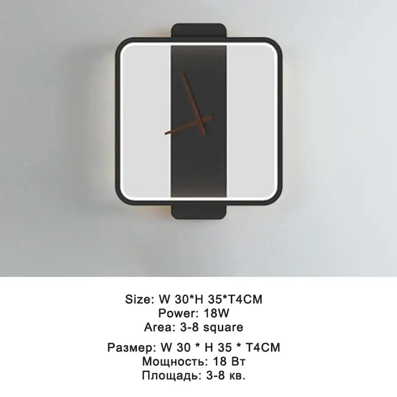 Modern black led wall clock lamp with sleek frame white face bold charcoal stripe and simple brown hands for living room