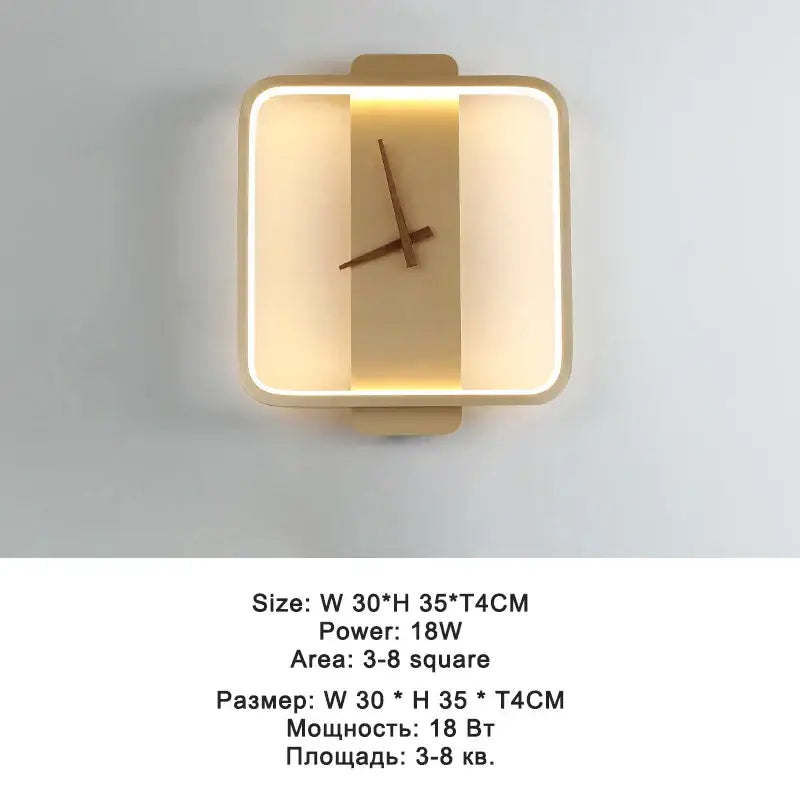 Modern black led wall clock lamp with warm led-lit face minimalist wooden hands and frame for living room decor