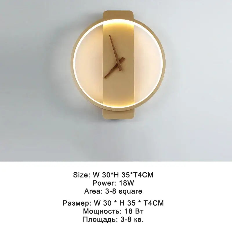 Modern black led wall clock lamp with minimalist light fixture featuring wooden hands and warm ambient led wall lighting
