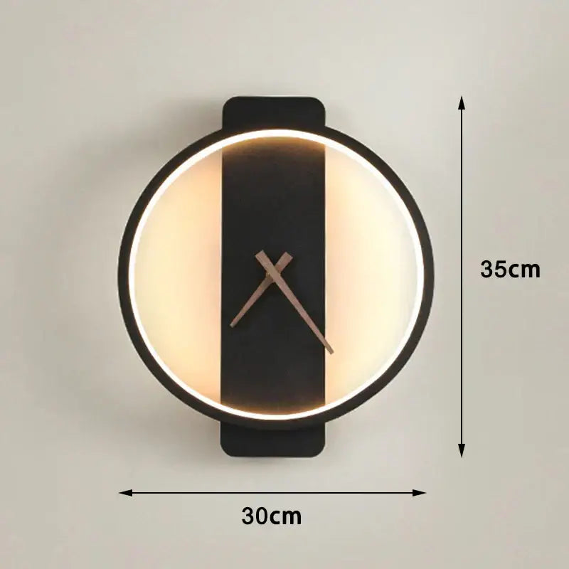 Modern black and cream led wall clock lamp with illuminated edges and minimalist wooden hands for living room use