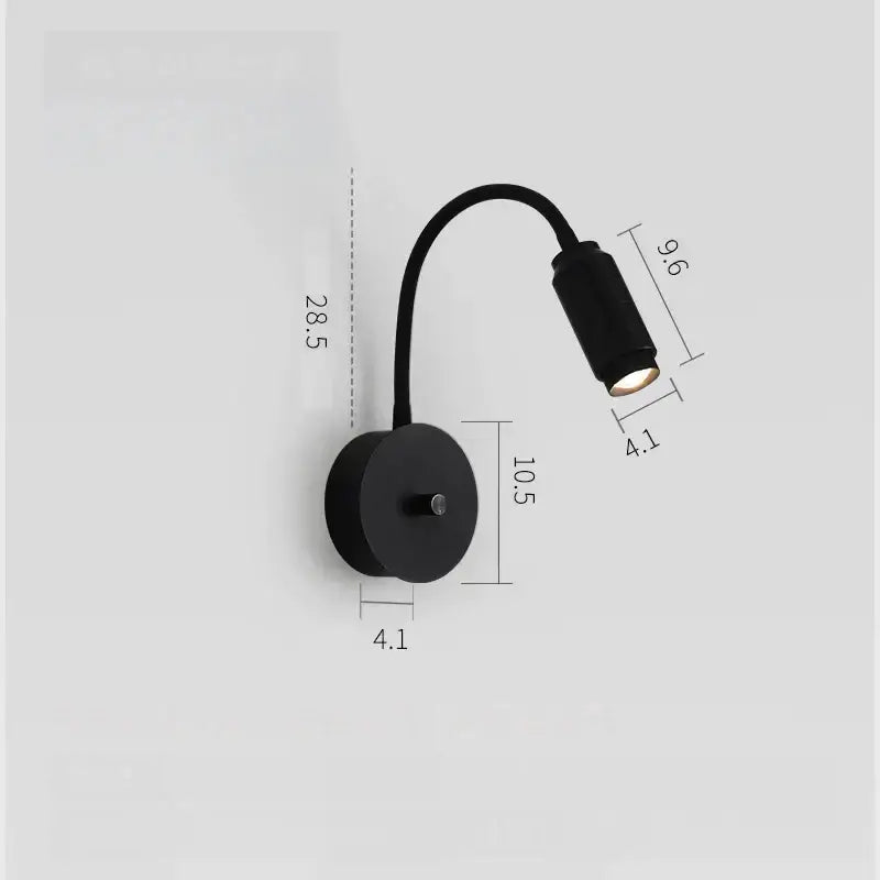 Modern black led wall lamp with adjustable focus and flexible gooseneck arm for bedroom reading use