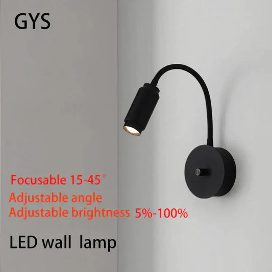 Modern black led wall lamp with adjustable focus and gooseneck arm ideal for bedroom lighting