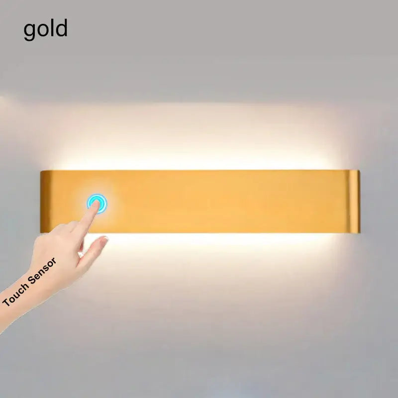 Modern black led wall lamp with gold rectangular touch sensor illuminated in blue decorbites led wall lamp for bedroom