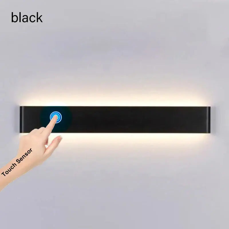 Modern black led wall lamp with touch sensor featuring a blue glow for bedroom decorbites led wall lighting