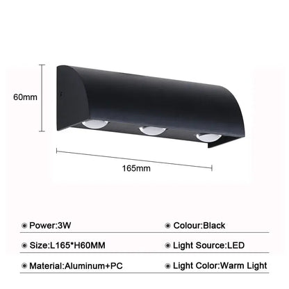 Modern black led wall lamp made of aluminum and pc with three warm white lights for bedroom lighting