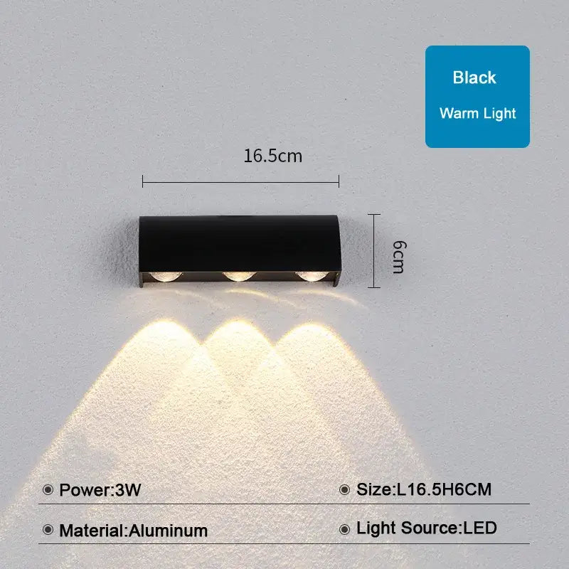 Modern black aluminum led wall lamp with three warm white bulbs for bedroom waterproof lighting fixture