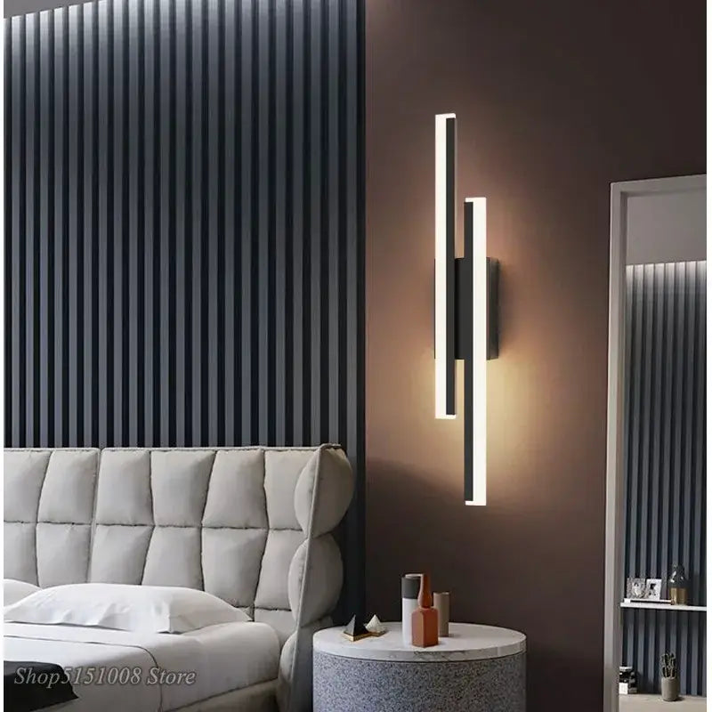 Modern black led wall lamp with dual vertical bars in minimalist design for warm ambient living room decorbites led wall lighting
