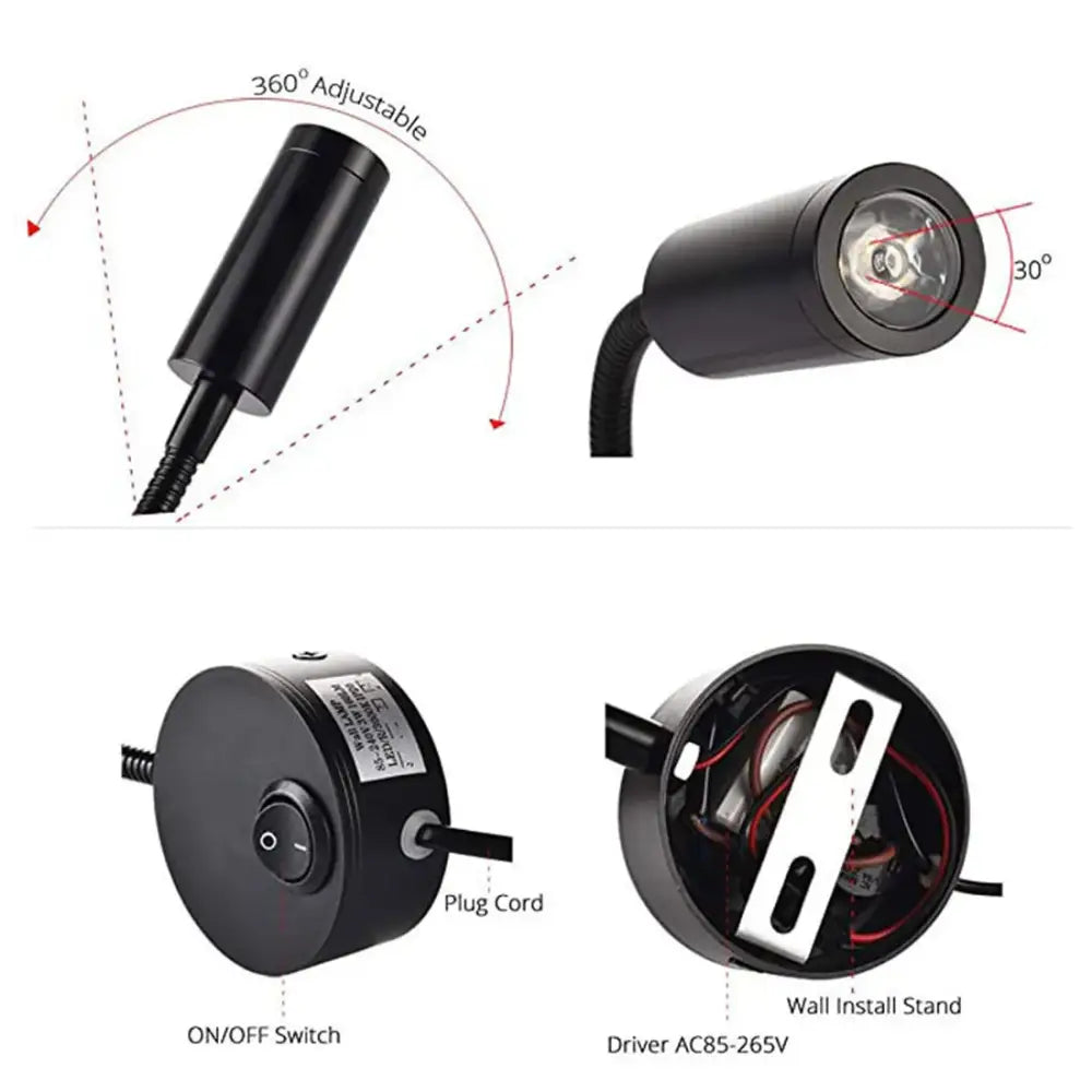 Modern black led wall lamp set 2pcs with adjustable cylindrical spotlight flexible cord and on off switch for bedroom reading