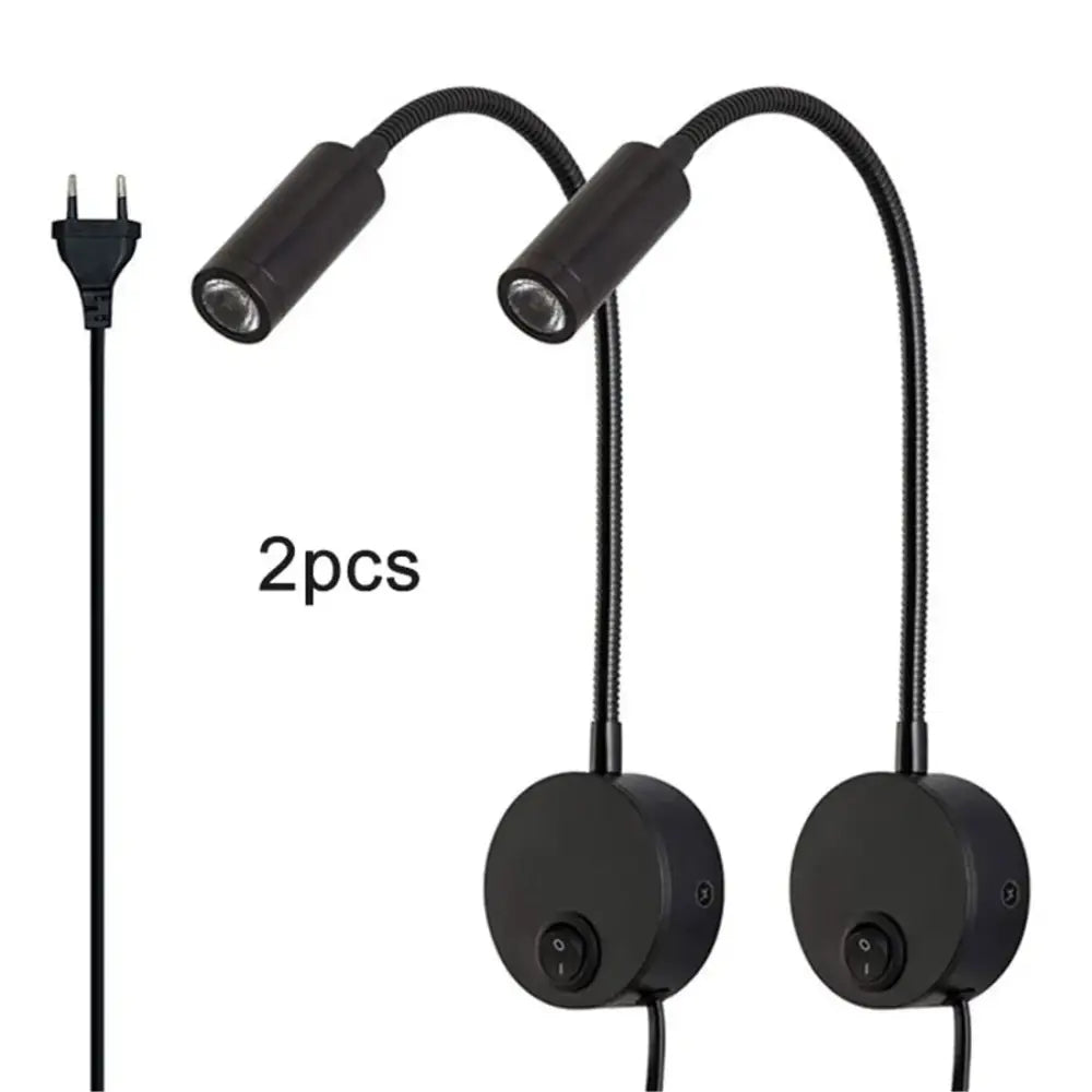 Modern black led wall lamp set 2pcs featuring flexible gooseneck heads and circular base mounts for bedroom reading light