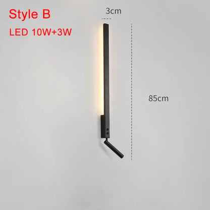 Modern black led wall lamp with a minimalist vertical design and warm light emission for adjustable bedroom lighting