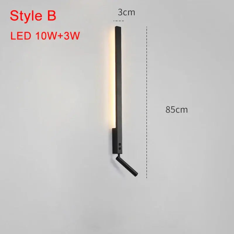Modern black led wall lamp with a minimalist vertical design and warm light emission for adjustable bedroom lighting