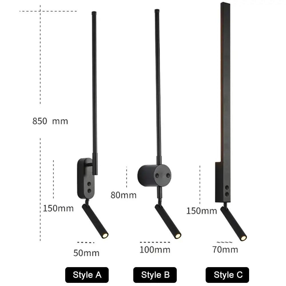 Modern black led wall lamp featuring three minimalist cylindrical wall lamp styles with adjustable downward spotlight