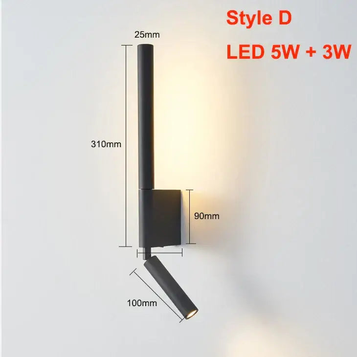 Modern black led wall lamp with a matte finish and adjustable cylindrical led wall spotlight with dual 5w and 3w bulbs