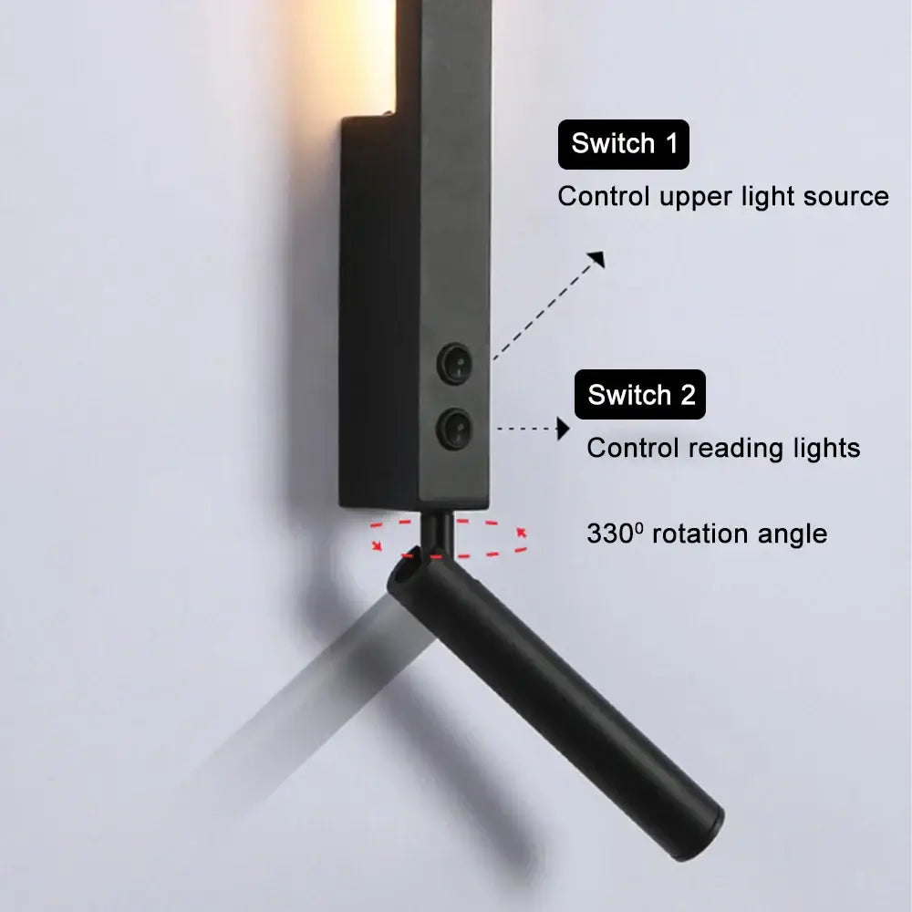 Modern black led wall lamp with matte finish and adjustable 330-degree rotation for bedroom reading spotlight