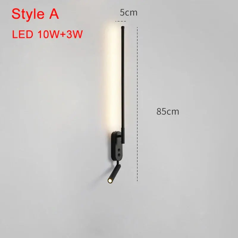 Modern black led wall lamp featuring a slim vertical led light bar and an adjustable bedroom spotlight wall lamp