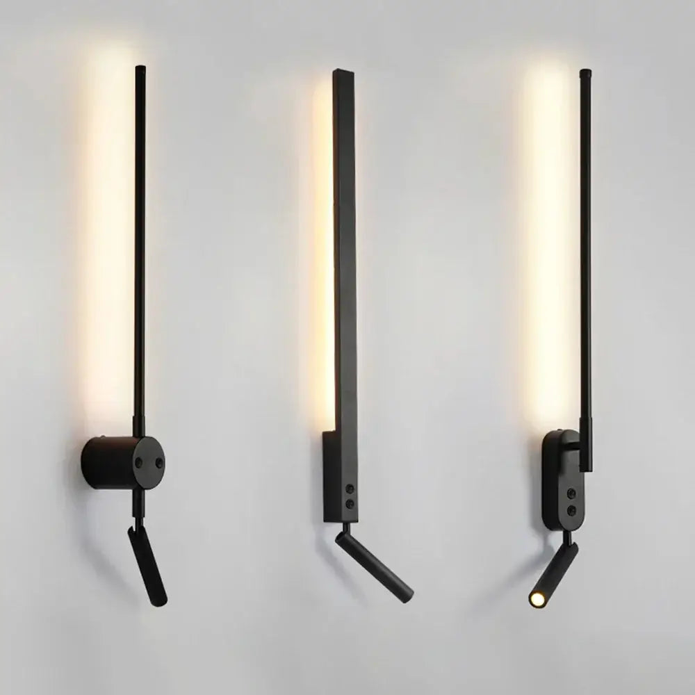 Three modern black led wall lamps with slim vertical light bars and adjustable directional bedroom spotlights