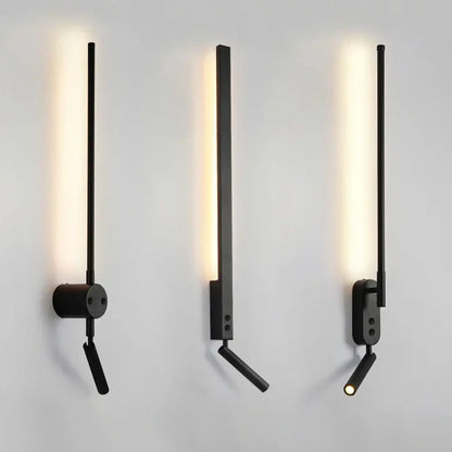 Three modern black led wall lamps with slim vertical light bars and adjustable directional bedroom spotlights