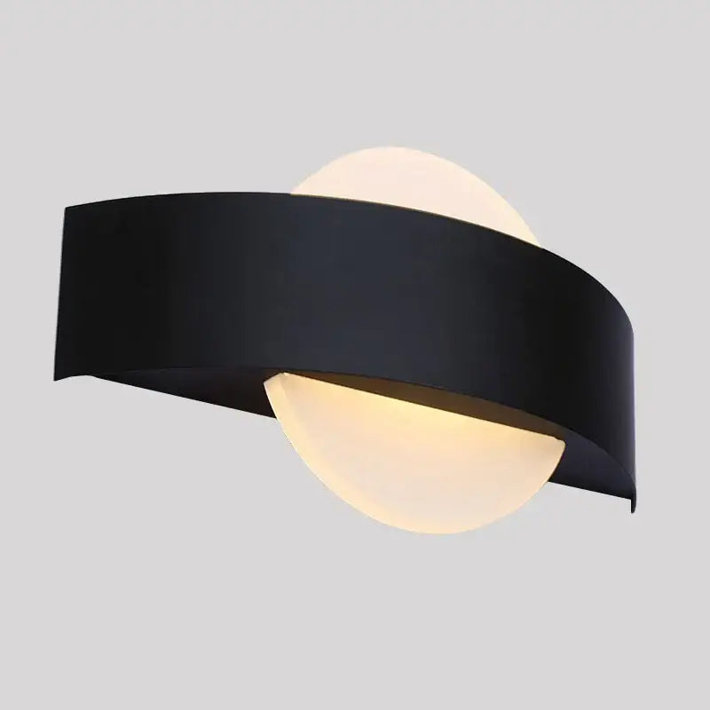 Modern black led wall lamp with curved metal design and two frosted glass globes for bedroom lighting
