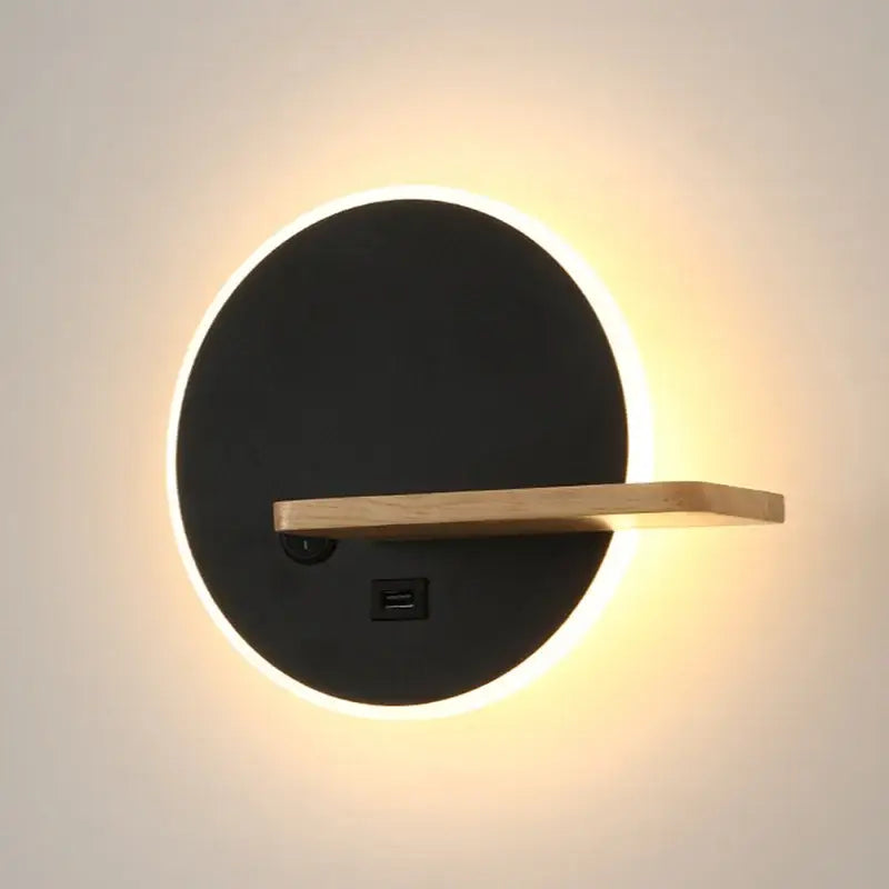 Modern black led wall lamp with wood shelves featuring a warm glow and integrated usb port for bedroom use