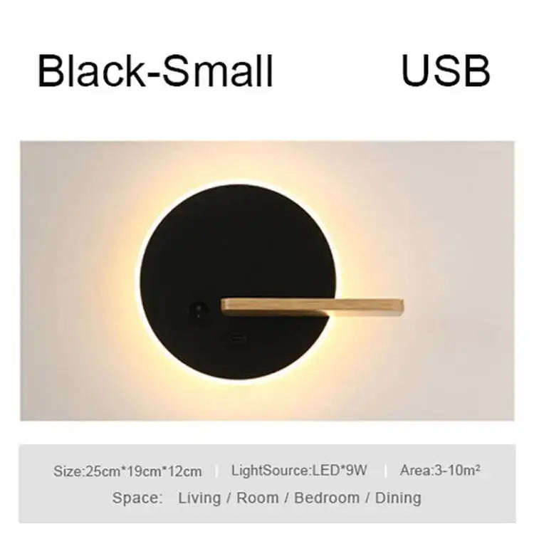 Modern black led wall lamp with wooden shelves featuring a circular led wall light and built-in usb port for bedroom use