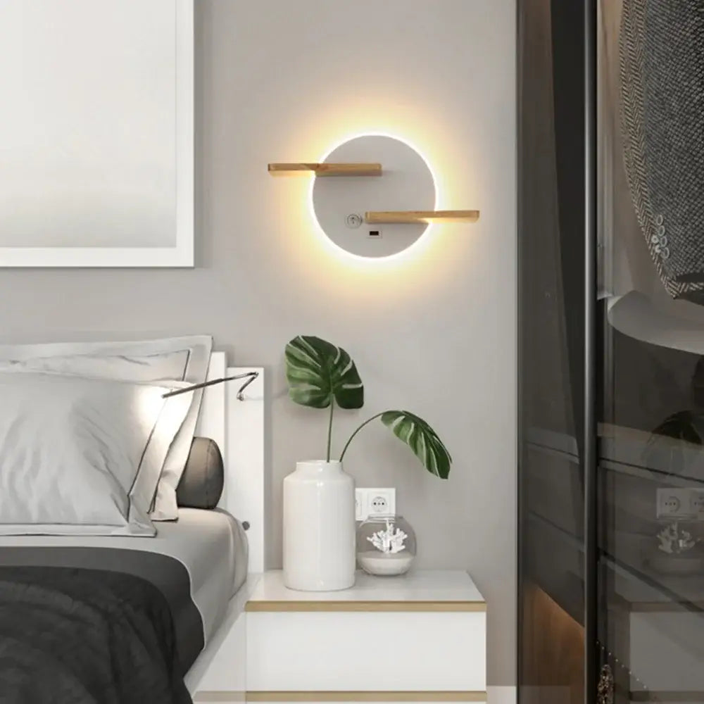 Modern black led wall lamp with warm lighting and two horizontal wooden bars for bedroom use