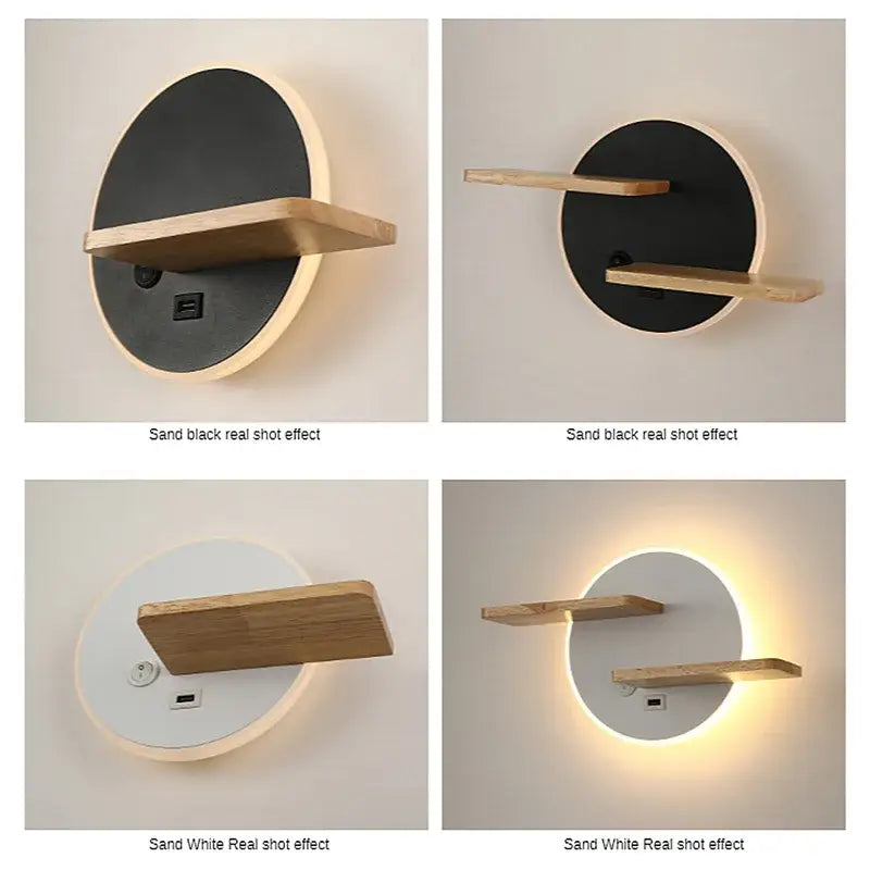 Modern black led wall lamp with wooden shelf and circular face featuring integrated led wall lighting for bedroom use