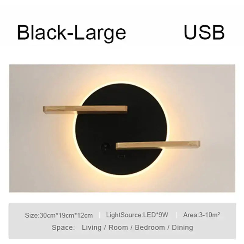 Modern black led wall lamp with wood shelves and usb port designed for bedroom and contemporary living spaces