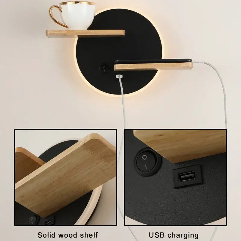 Modern black led wall lamp with wooden shelves for bedroom featuring usb charging ports and black circular base