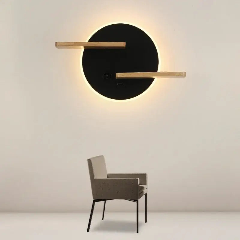 Modern black led wall lamp with a circular base and two horizontal wooden shelves for bedroom use
