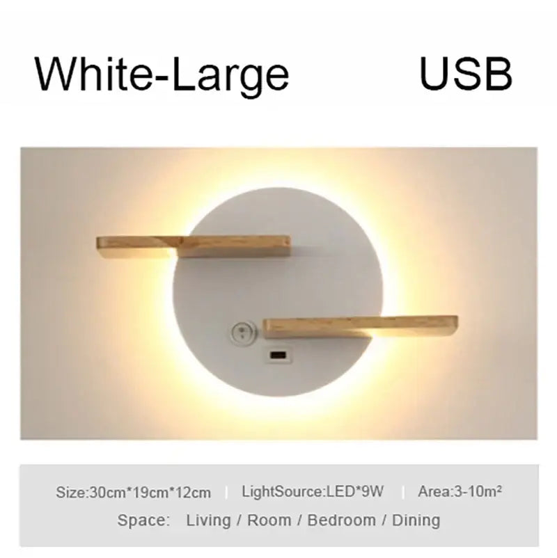 Modern black led wall lamp with white circular light wood shelves and usb port for bedroom use