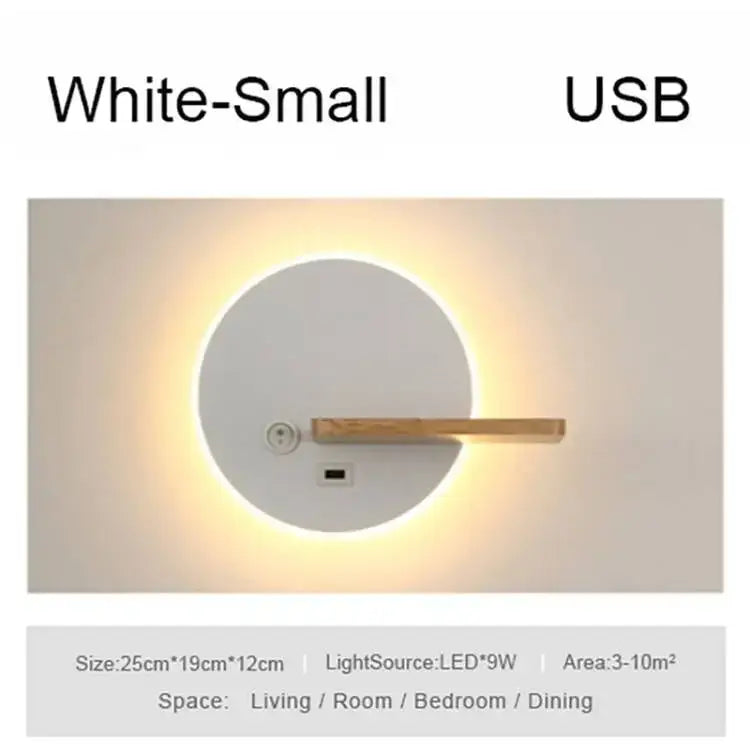 Modern black led wall lamp with white circular led light, wooden shelves, and usb port for bedroom use