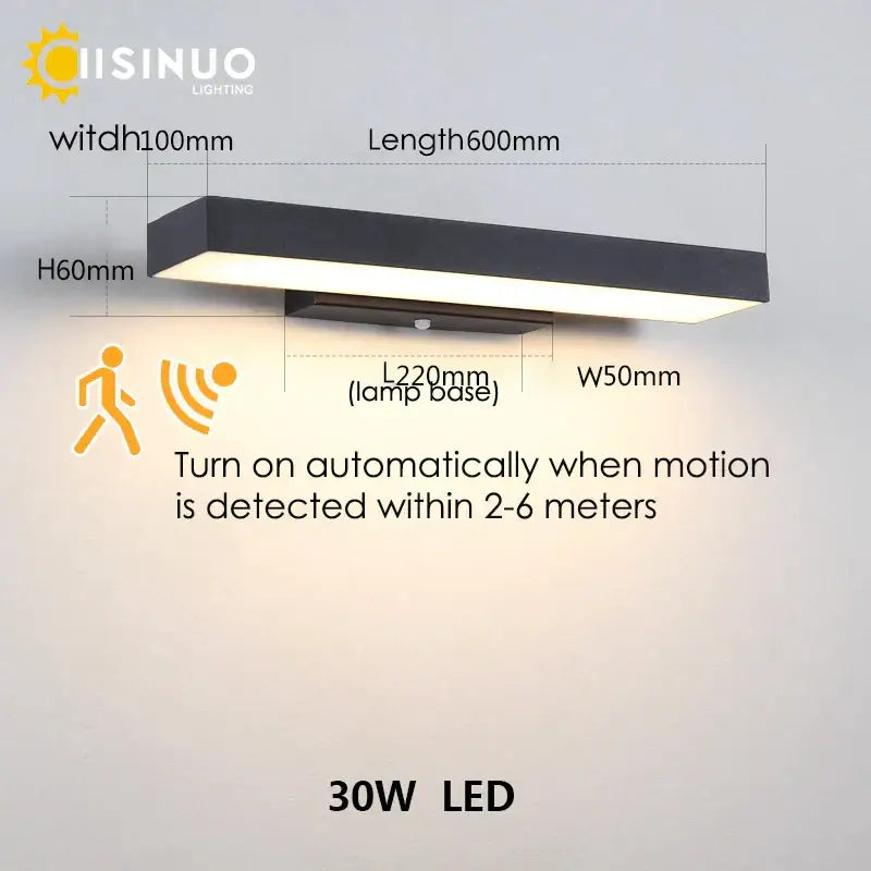 Black rectangular led wall sconce 30w with sleek modern design and dusk dawn motion sensor for outdoor use