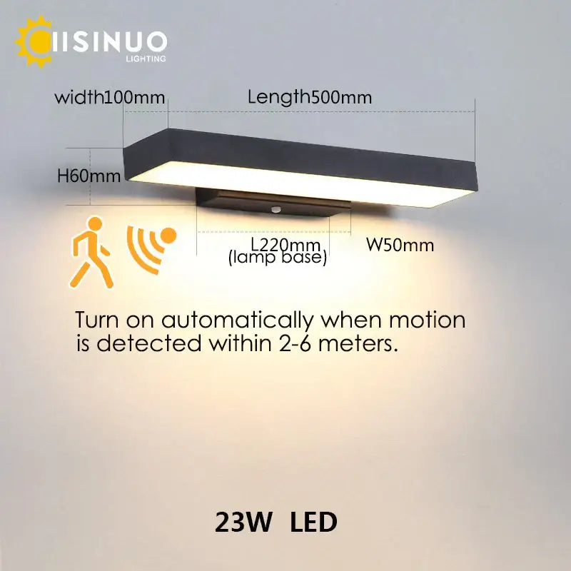 Modern black rectangular led wall light with dusk dawn motion sensor designed for outdoor use and energy efficiency