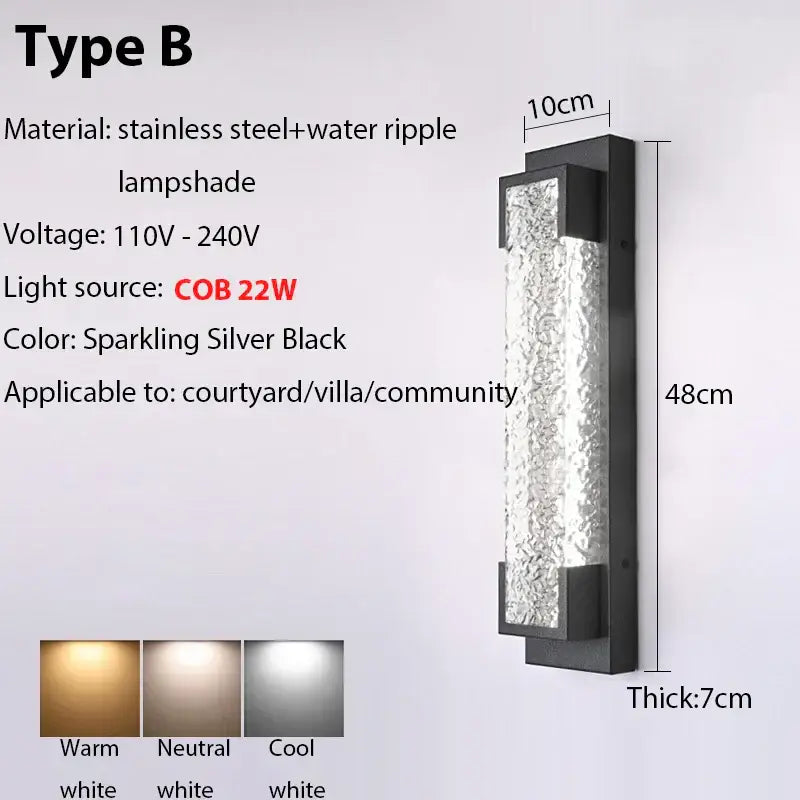 Modern black wall sconce with sparkling silver stainless steel frame and textured glass shade by decorbites dimmable led