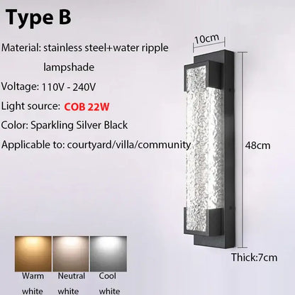 Modern black wall sconce with sparkling silver stainless steel frame and textured glass shade by decorbites dimmable led