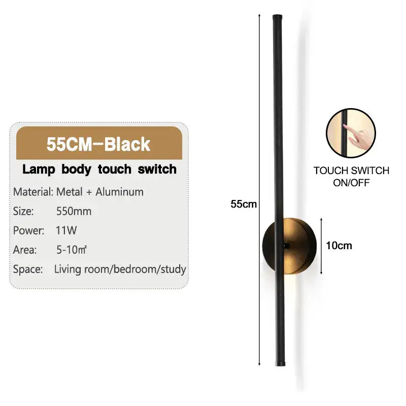 Modern black led wall sconce with sleek metal and aluminum body and brass base for bedroom lighting with dimmable touch switch