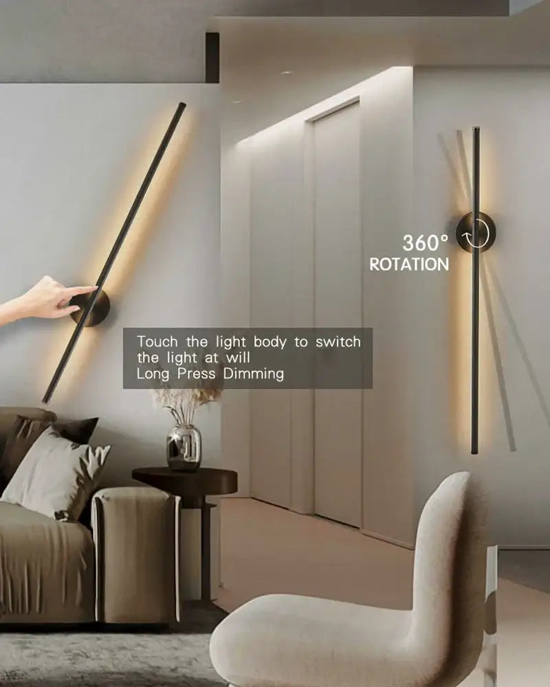 Modern black led wall sconce with sleek minimalist design and 360-degree rotation for bedroom lighting with dimmable touch switch