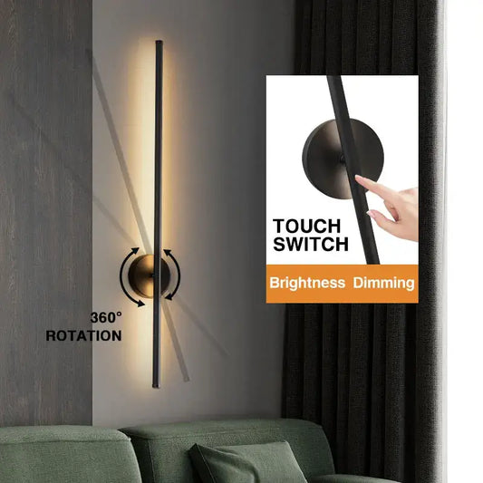 Modern black led wall sconce with sleek vertical design and gold-toned dimmable touch switch for bedroom lighting