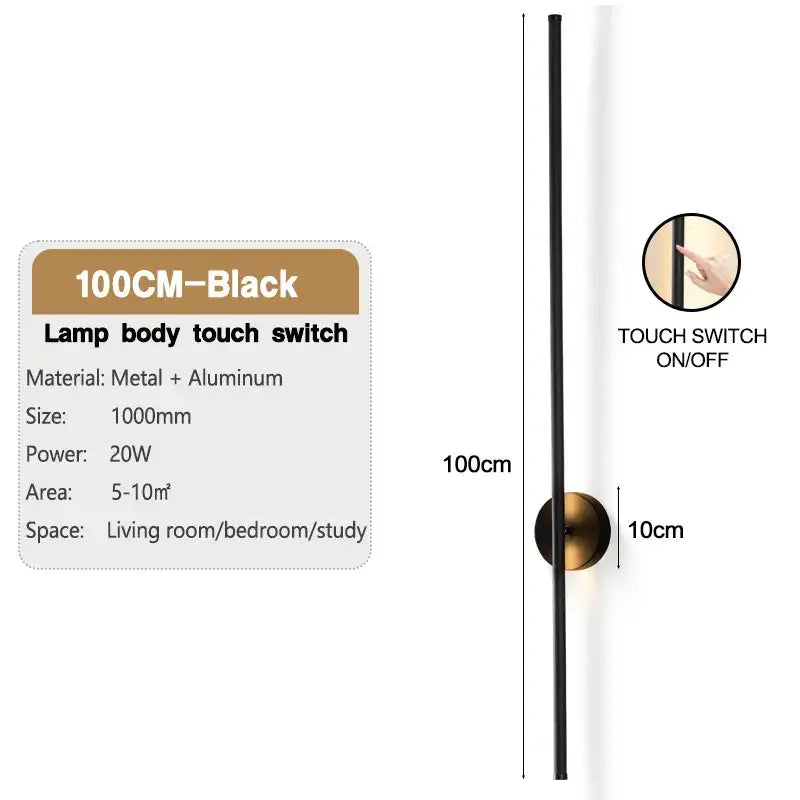 Modern black led wall sconce with sleek metal aluminum body and dimmable touch switch for bedroom wall lighting